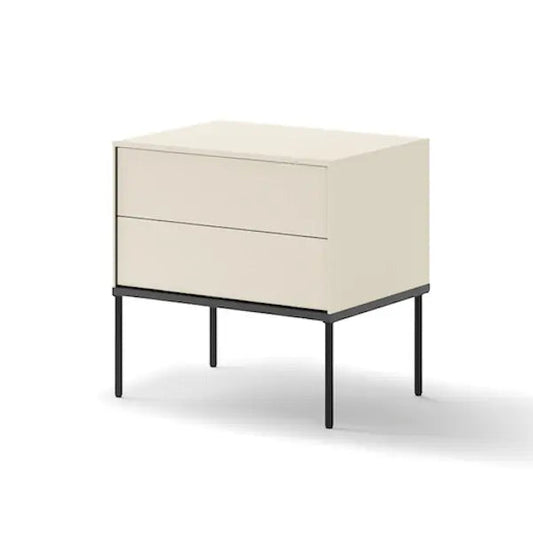 Beige nightstand with two drawers on a white background