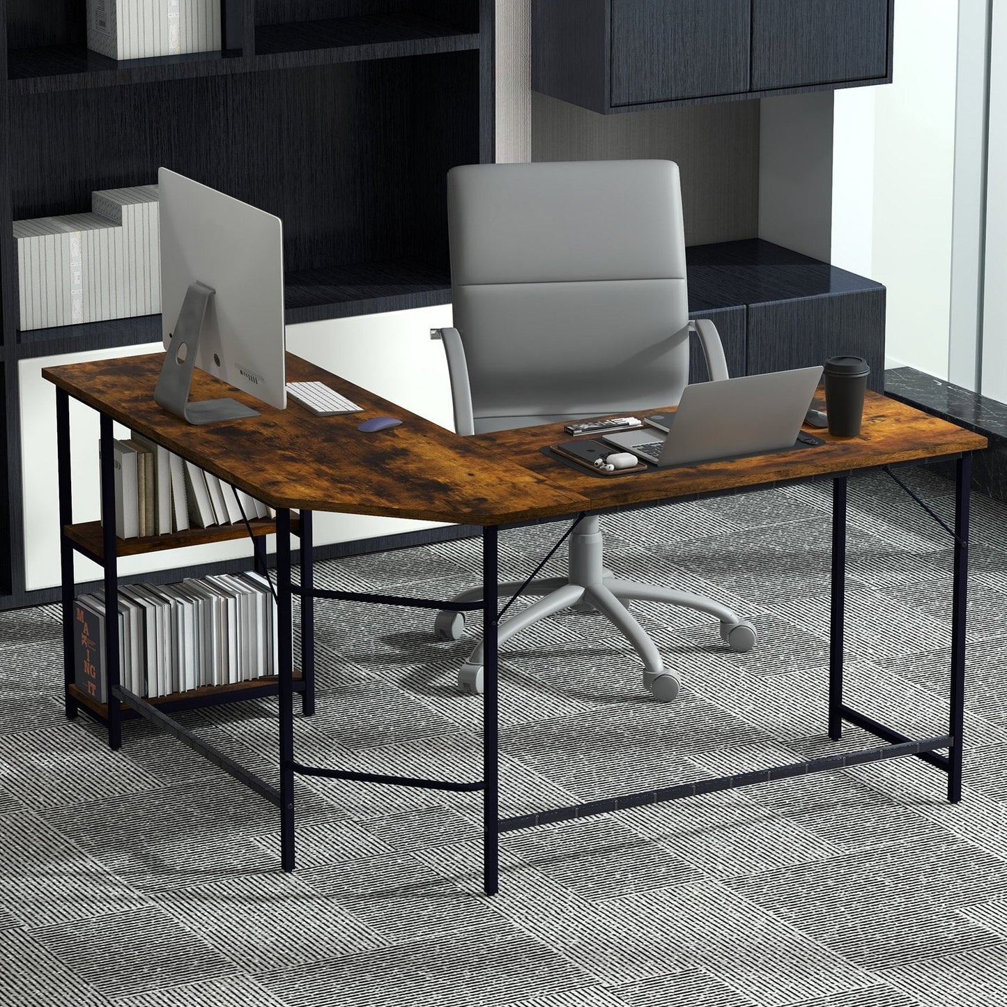 L-Shaped Computer Desk with 2-tier Shelves for Home Office Bedroom-Brown