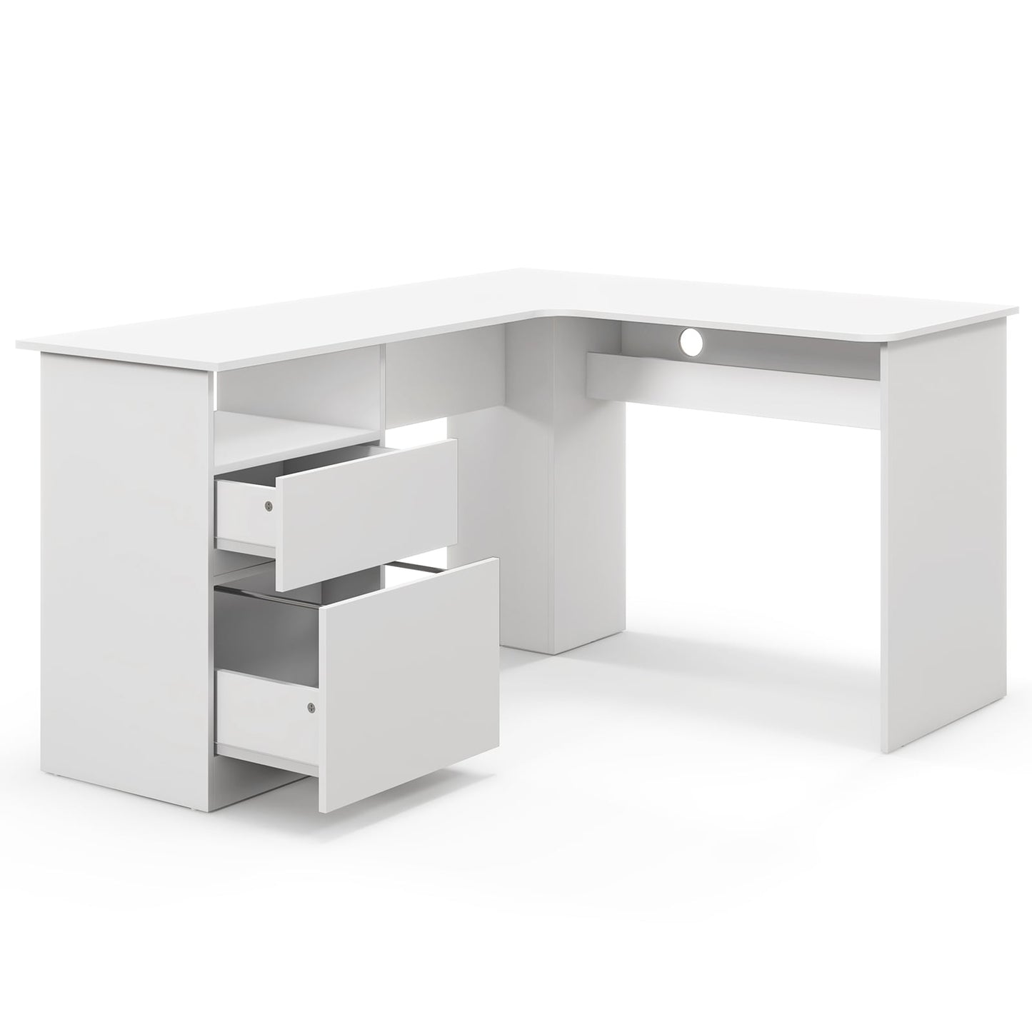 L Shaped Computer Desk with Letter File Drawer and Open Compartment-White