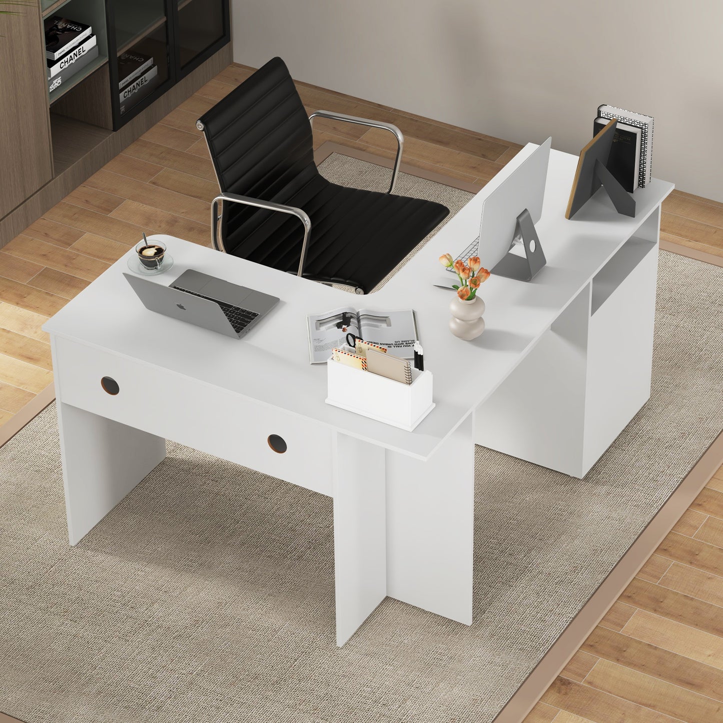 L Shaped Computer Desk with Letter File Drawer and Open Compartment-White