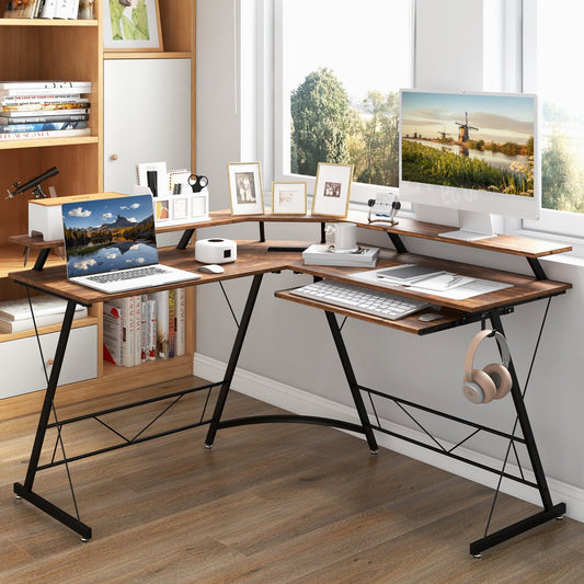 L-shaped Computer Desk with Power Outlet and Monitor Stand-Rustic Brown