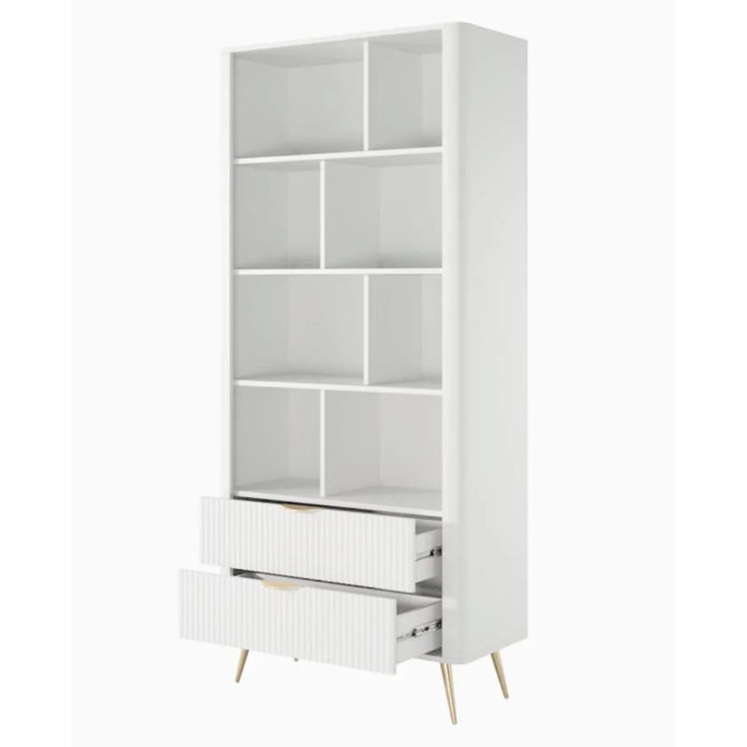White bookshelf with multiple shelves and a drawer on a white background