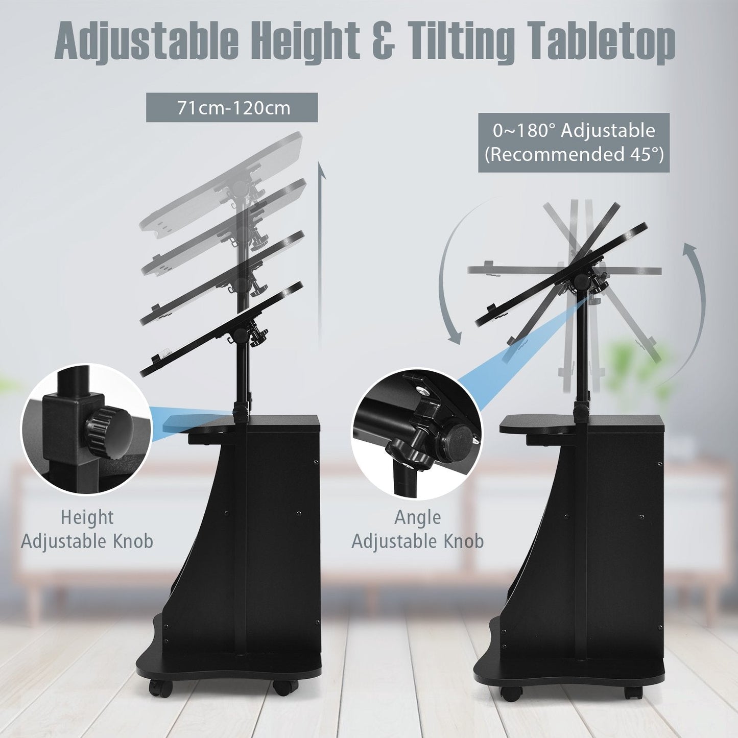 Laptop Cart Height Adjustable with Wheels-Black