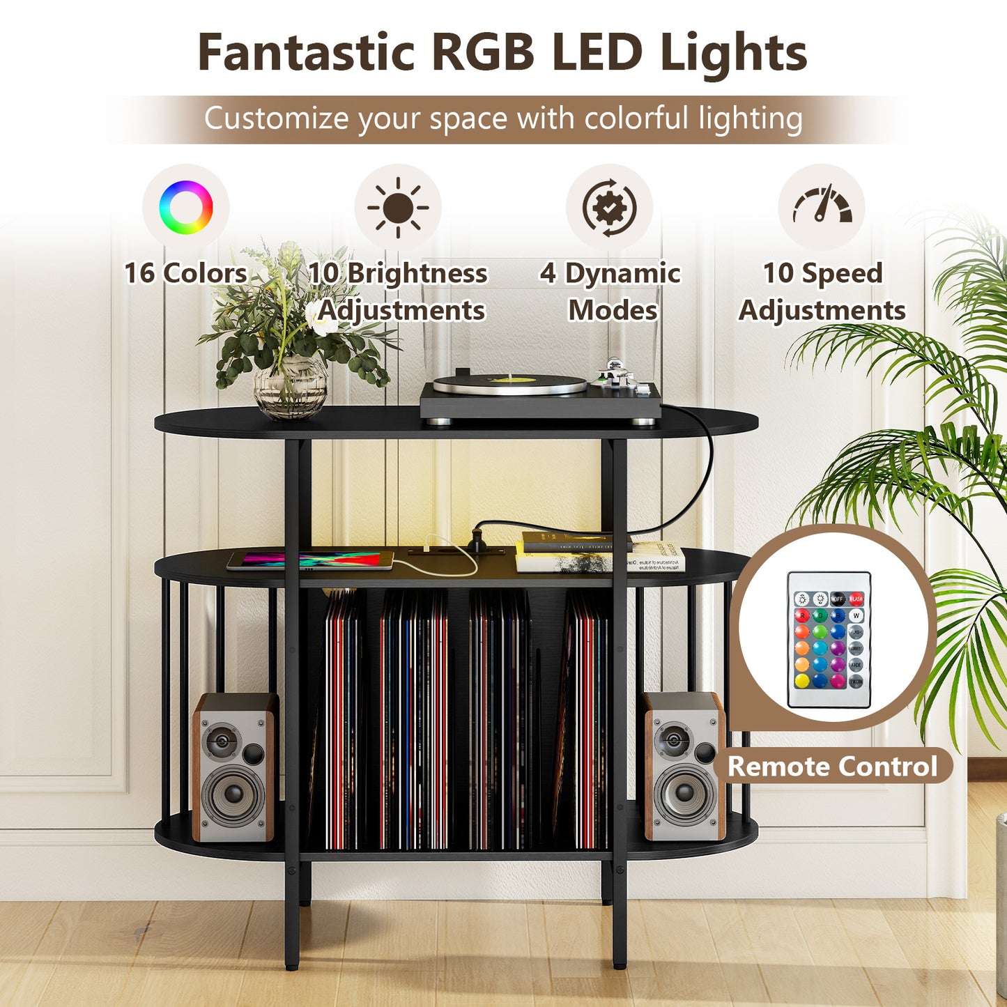 Large Record Player Stand w/LED Lights Charging Station & Display Shelves for Music Corner-Black