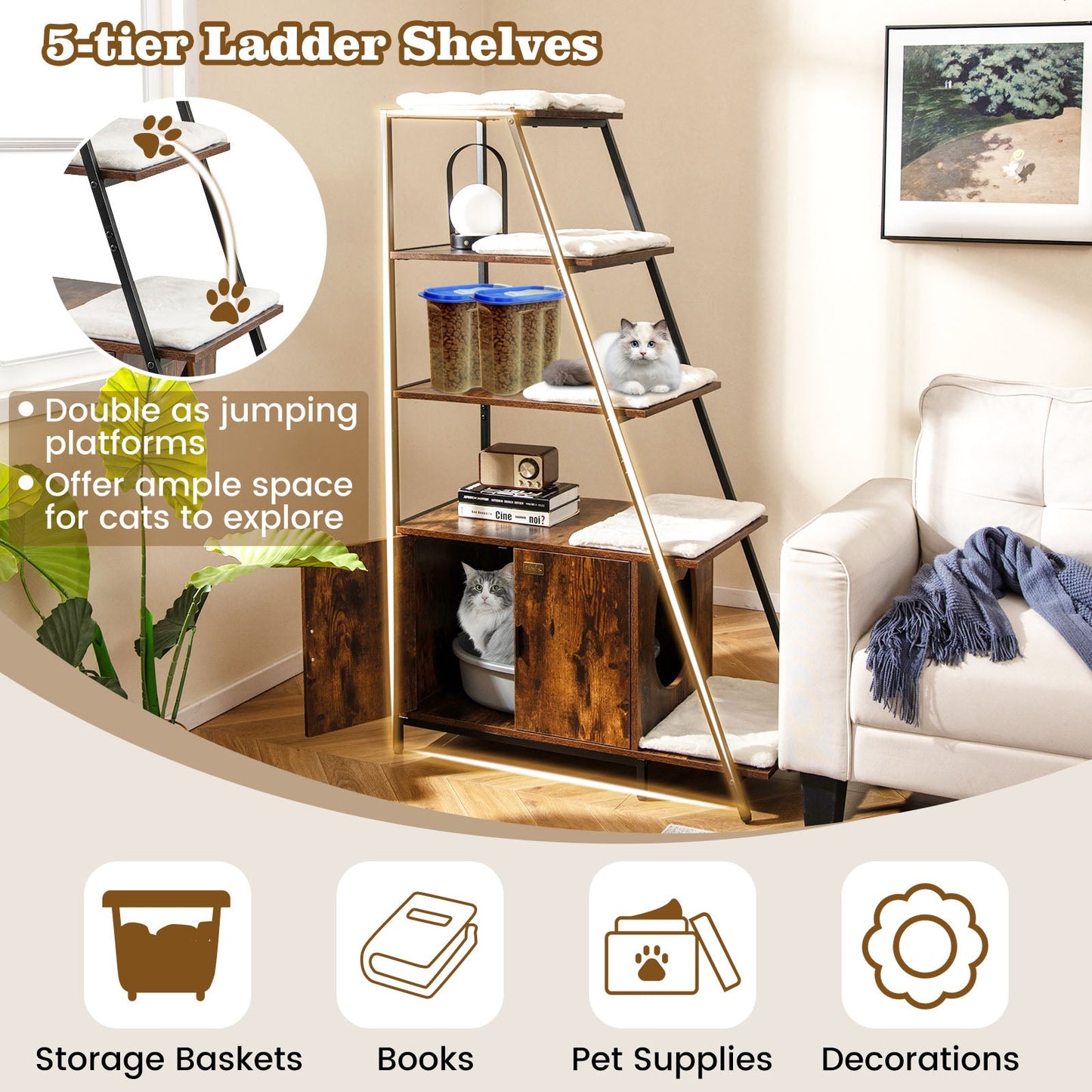 Large Cat Litter Box Enclosure with Storage and Removable Plush Mats-Coffee