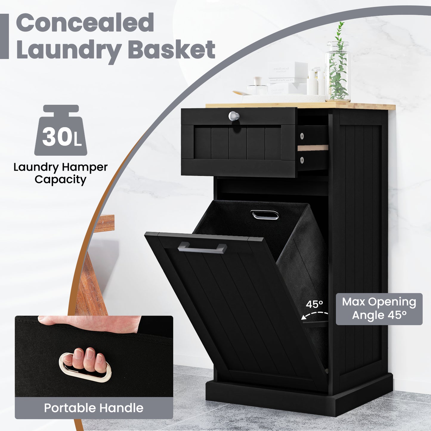 Laundry Cabinet with Basket Freestanding Tilt Out Laundry Hamper with Drawer-Black
