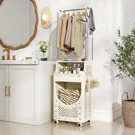 2-in-1 3/4-Tier Laundry Cart with Hanging Bar and Lockable Wheels-3-Tier-Beige
