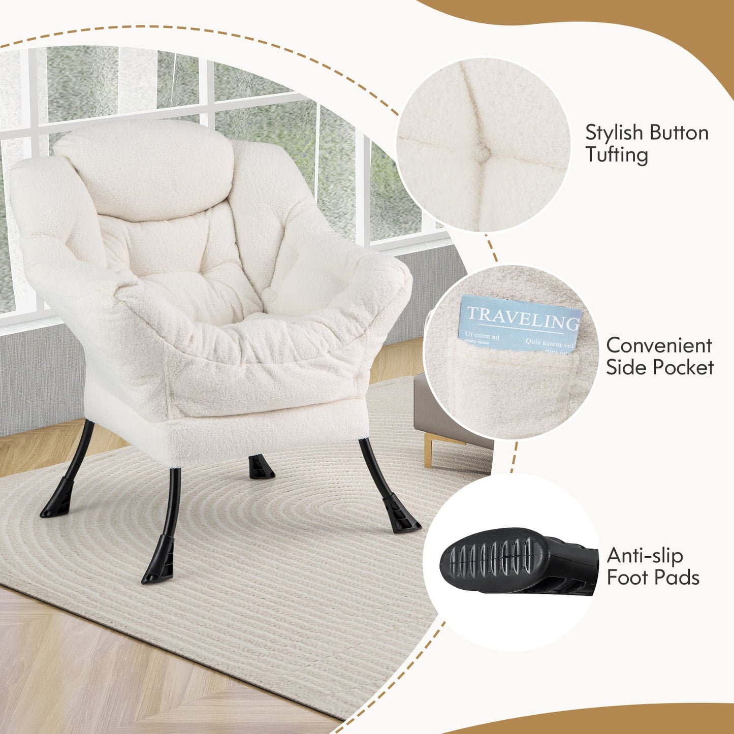 Lazy Chair with Ottoman and Folding Footrest for Living Room-Beige