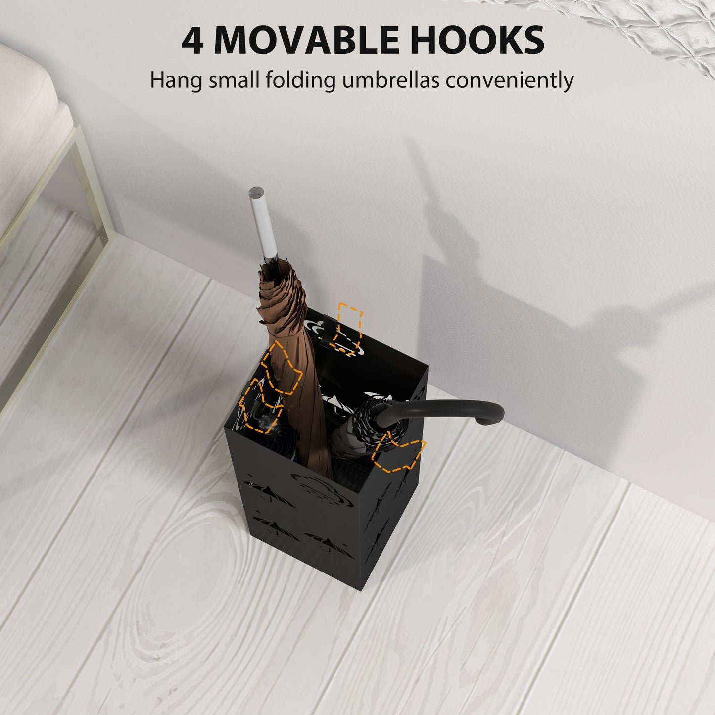 HOMCOM Metal Umbrella Stand, Square Umbrella Holder with Removable Drip Tray and 4 Hooks, Decorative Umbrella Storage Rack for Hallway, Entryway, 15.5 x 15.5 x 41 cm, Black