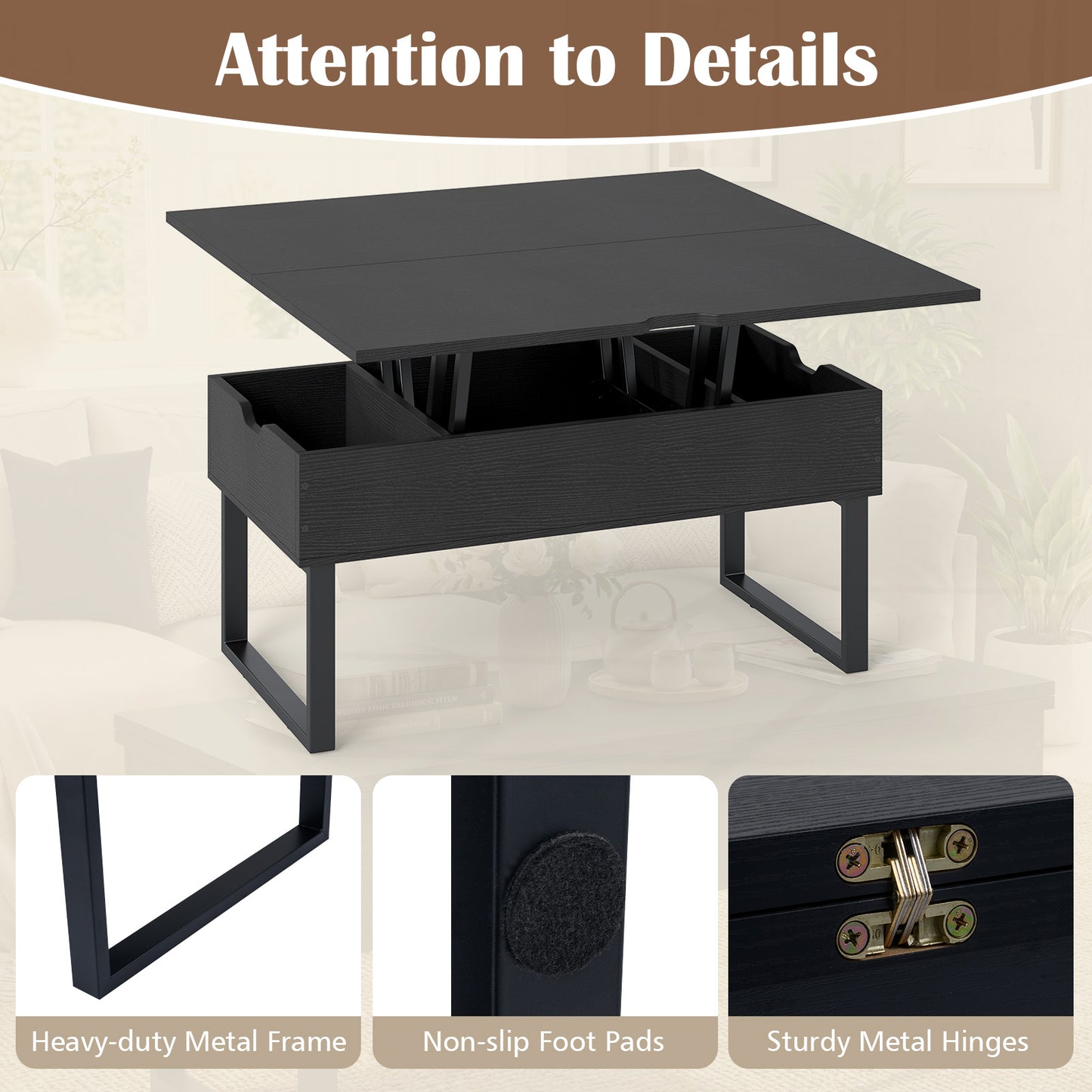 Lift Top Coffee Table 3-in-1 Convertible Coffee Table with 3 Storage Compartments-Black