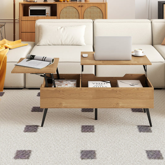 Lift Top Coffee Table Modern Center Table with 2 Hidden Storage Compartments-Natural