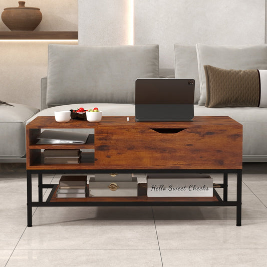 Lift Top Coffee Table with Hidden Compartment and Removable Shelf-Rustic Brown