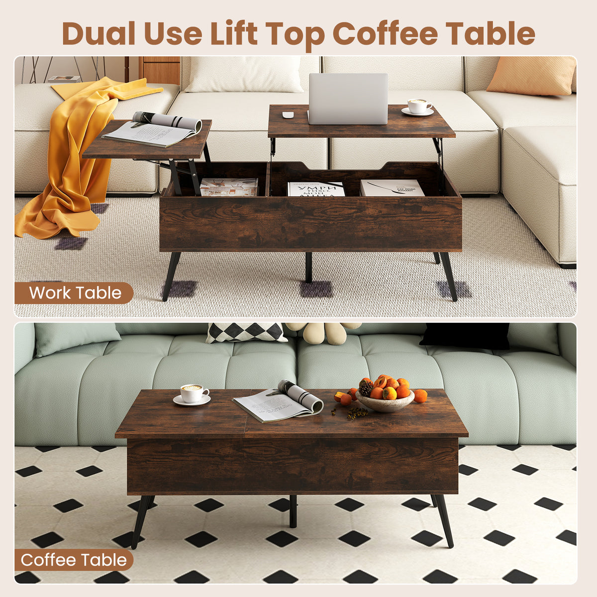 Lift Top Coffee Table Modern Center Table with 2 Hidden Storage Compartments-Rustic Brown