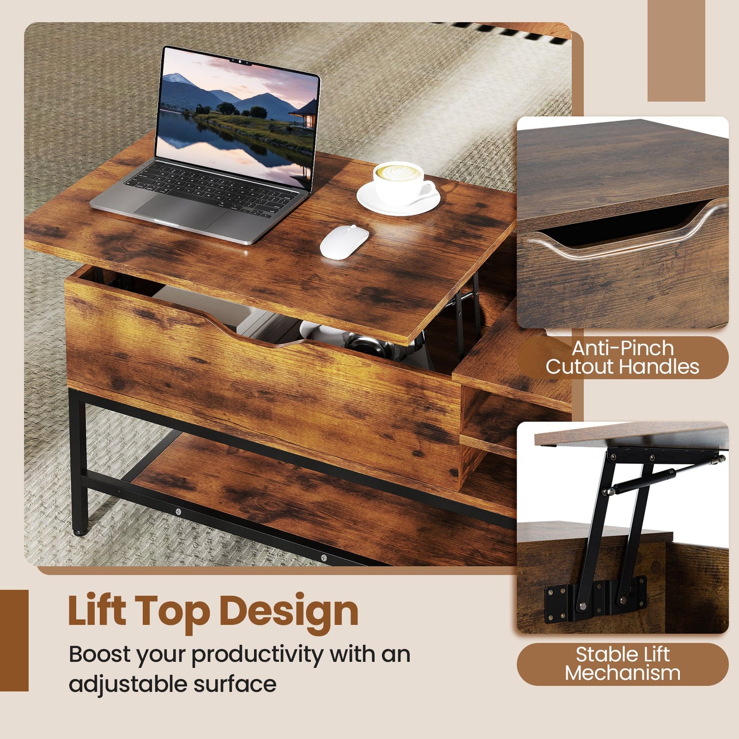 Lift Top Coffee Table with Hidden Compartment and Storage Shelf-Rustic Brown