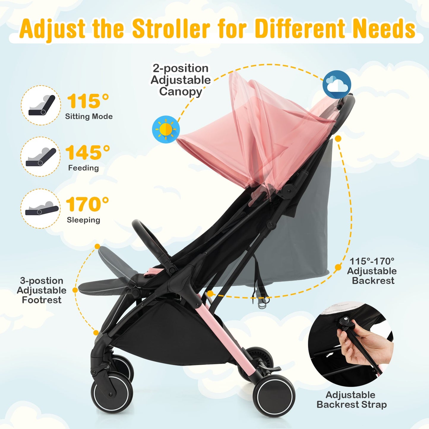 Lightweight Baby Stroller with Detachable Seat Cover-Pink