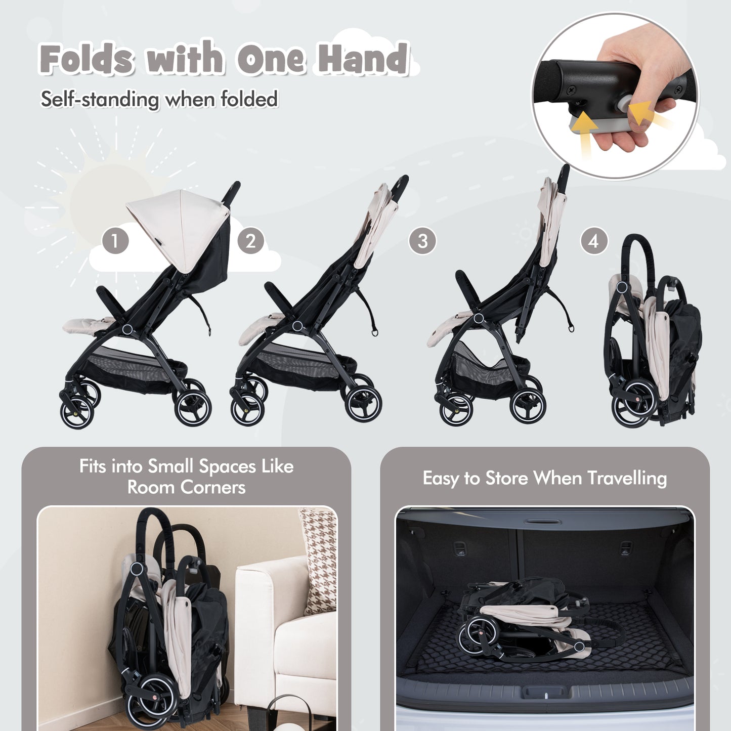 Lightweight Foldable Baby Stroller with Adjustable Backrest and Canopy-Beige