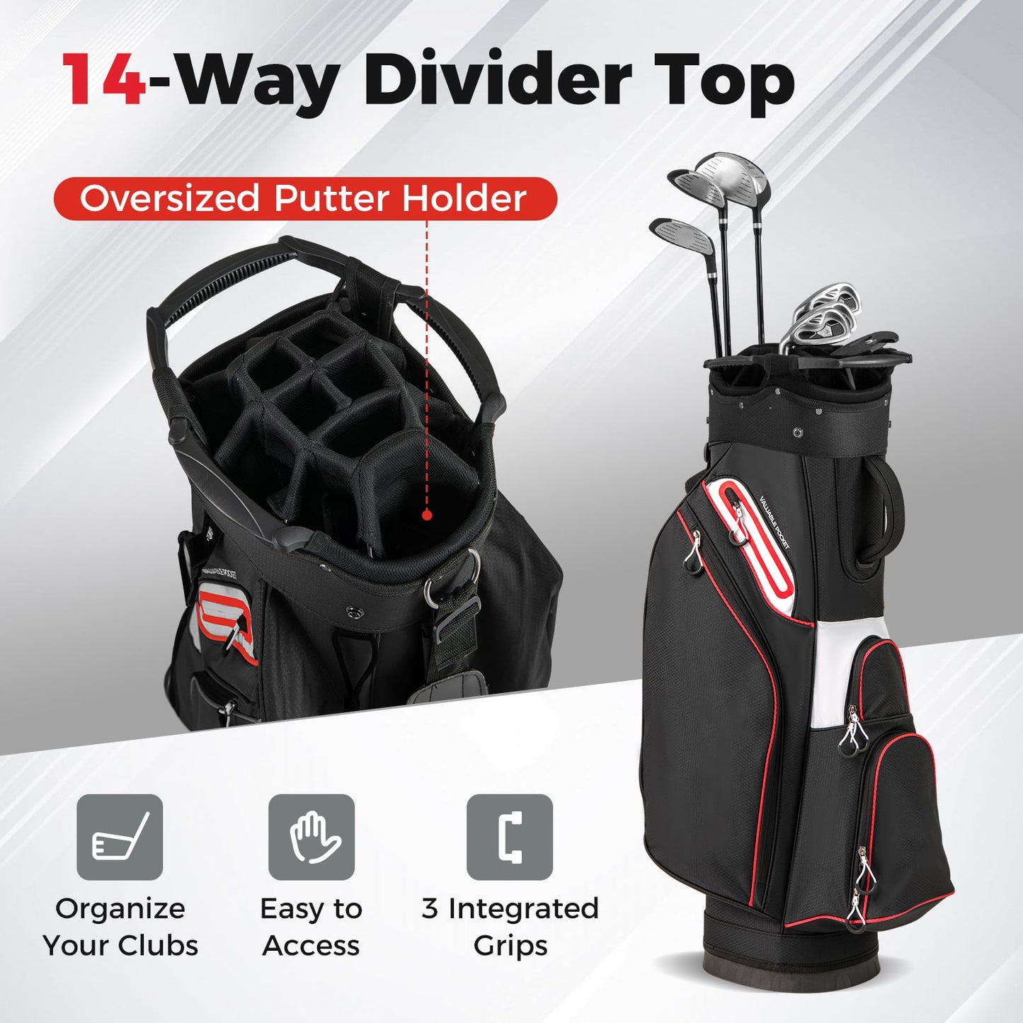 Lightweight Golf Cart Bag with 14-Way Divider Top and Cooler Pocket-Black