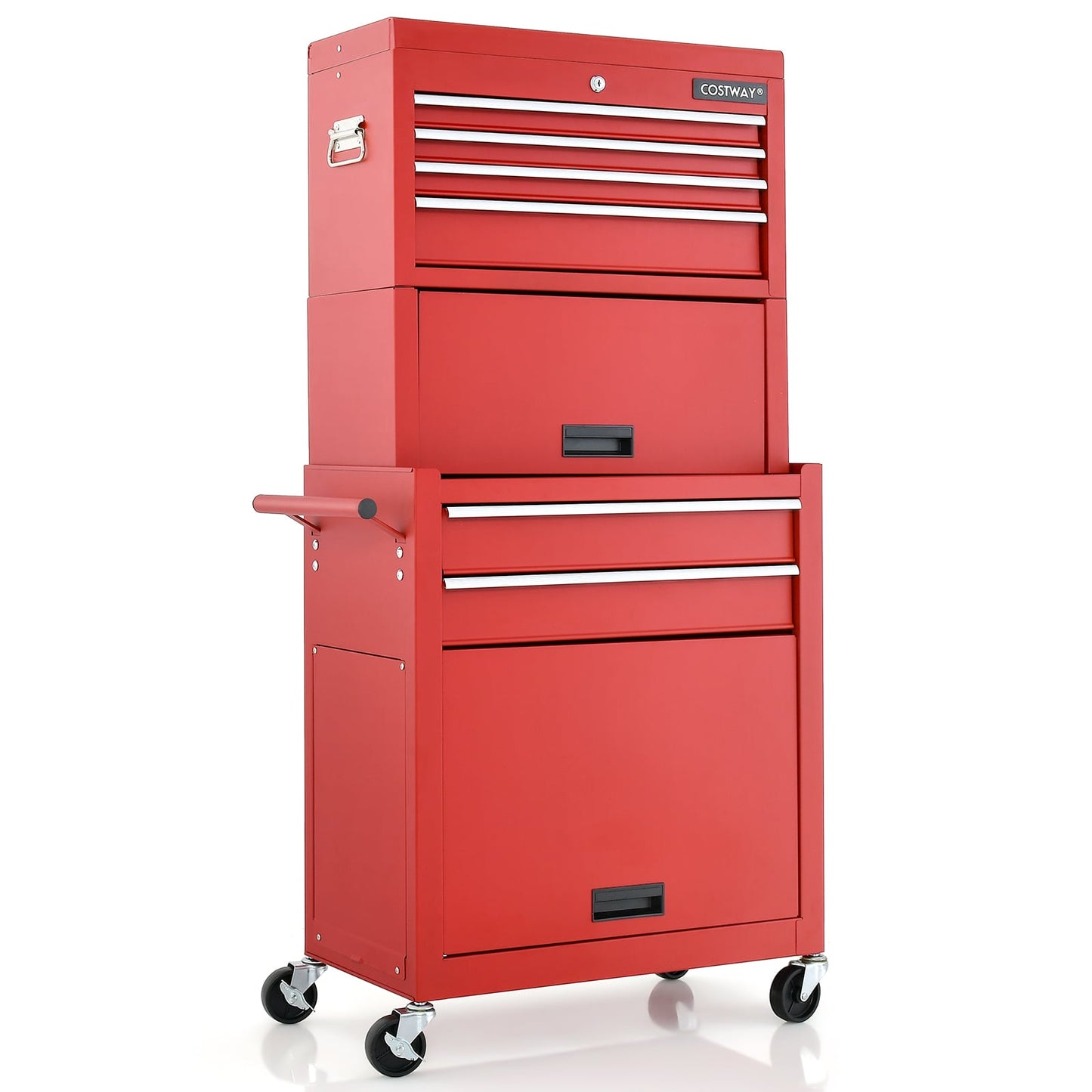 Lockable Tool Storage Cabinet with Handle, Drawers, Wheels and EVA Liner-Red