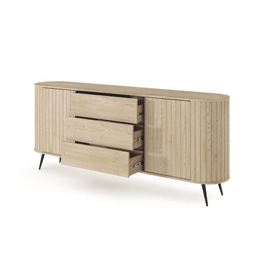 Wooden sideboard with open drawer on a white background