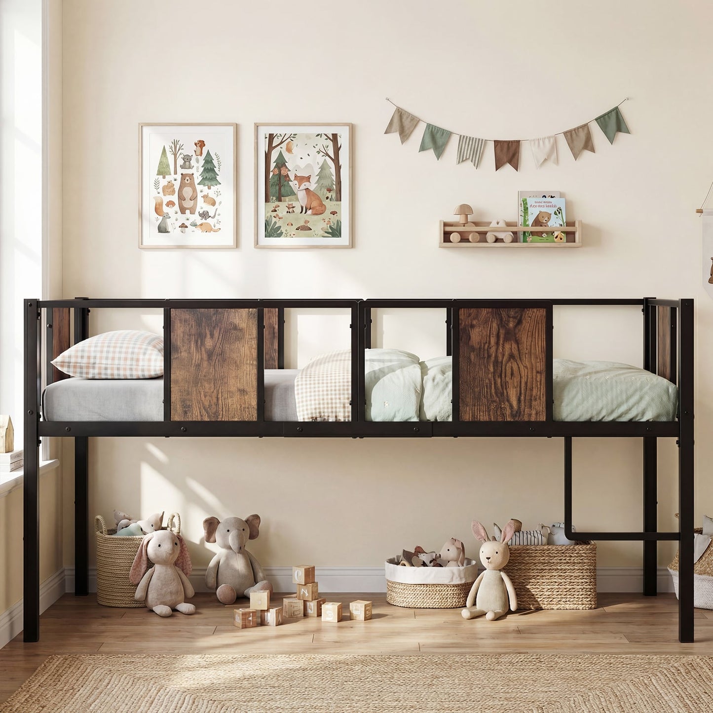 Low Loft Bed Single Size with Heavy-Duty Metal Frame-RusticBrown