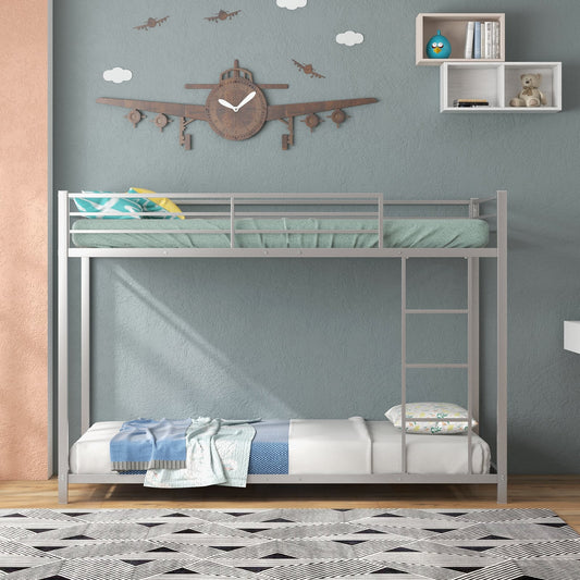 Low Profile Single Over Single Bunk Beds with Ladder and Full-length Guardrails-Silver