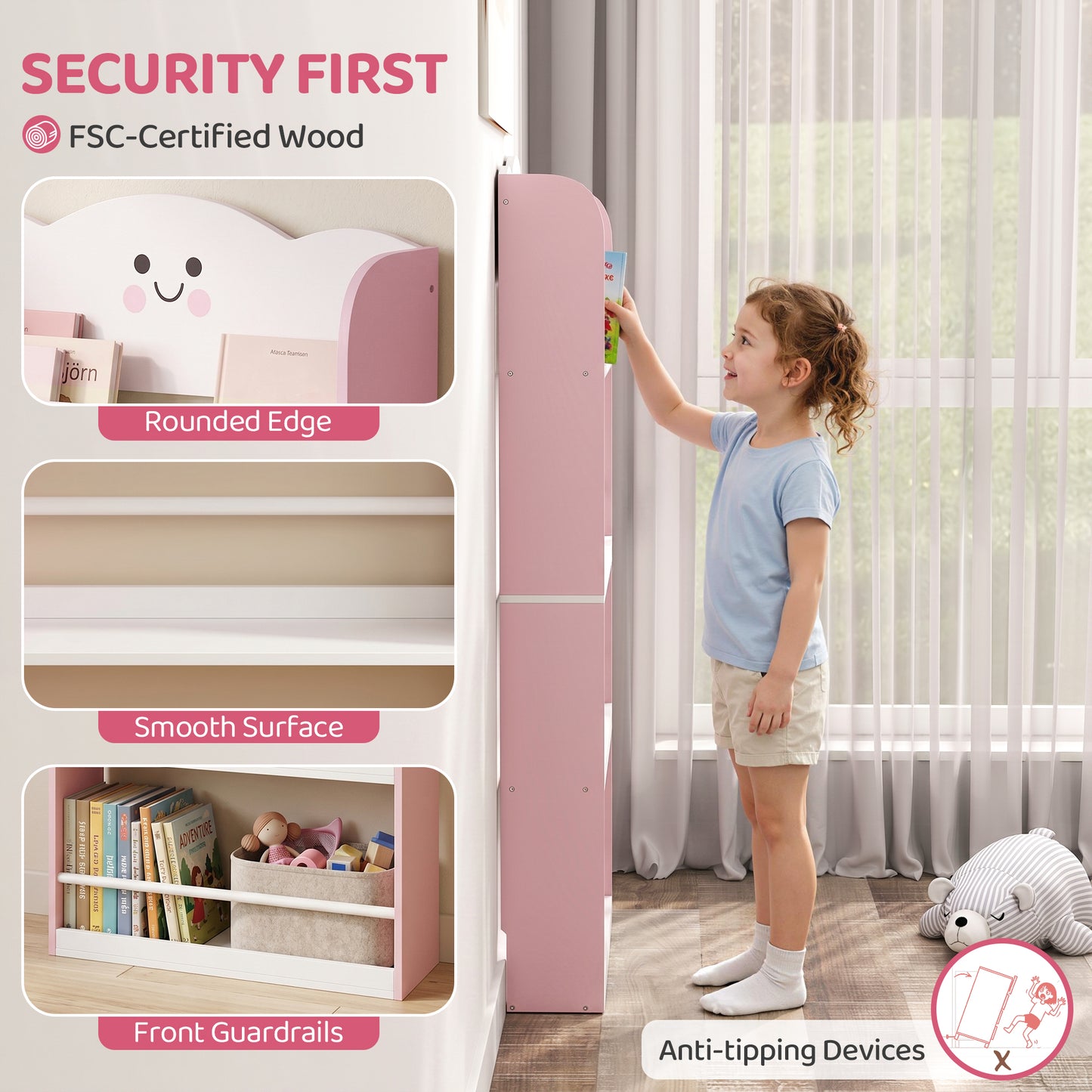 AIYAPLAY 4 Tier Kids Bookshelf, Children Bookcase with Anti-Tip Kit, Toddler Space-Saving Bookcase for Kids Room, Playroom, Pink