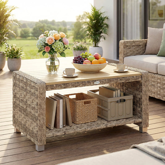 Outsunny Outdoor Coffee Table with Storage Shelf, PE Rattan Side Table with Slatted Top and Foot Pads, Light Brown