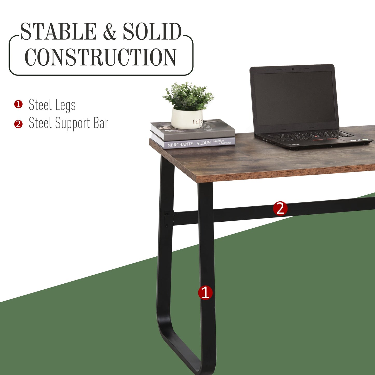 HOMCOM Computer Table, Writing Desk with Steel Frame and Wood Top, Industrial Home Study Table, 115 x 58 x 74.5cm, Rustic Brown and Black