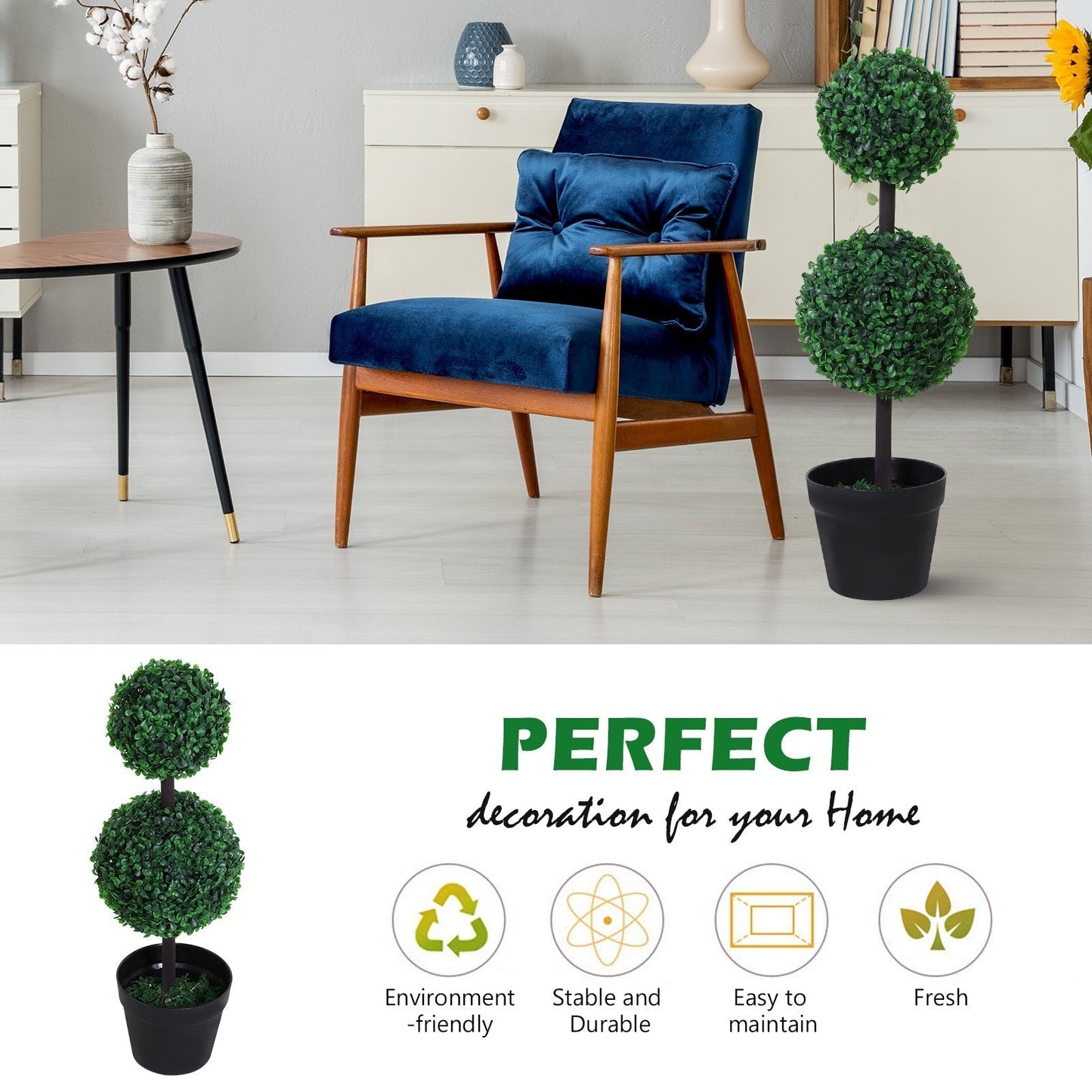 Outsunny Set of 2 Artificial Boxwood Ball Topiary Trees Potted Decorative Plant Indoor Decor (67cm)