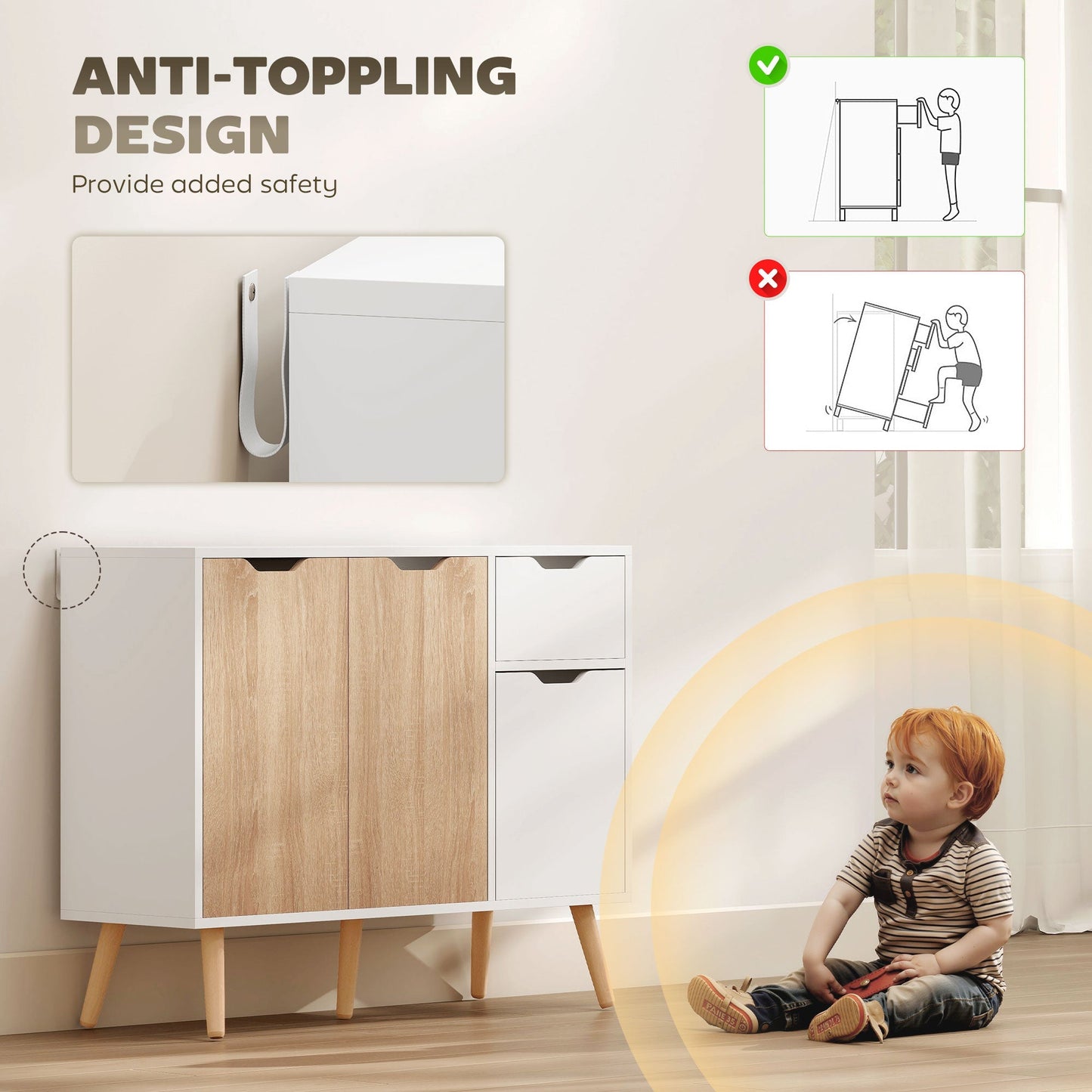 HOMCOM Sideboard Floor Standing Storage Cabinet with Drawer for Bedroom, Living Room, Home Office, Natural