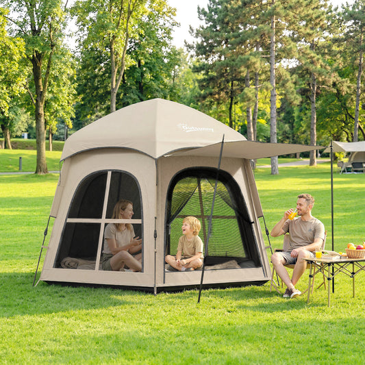 Outsunny Pop Up Tent 3000mm Waterproof Instant Camping Tent 3-4 Person with 2 Doors 4 Windows Khaki
