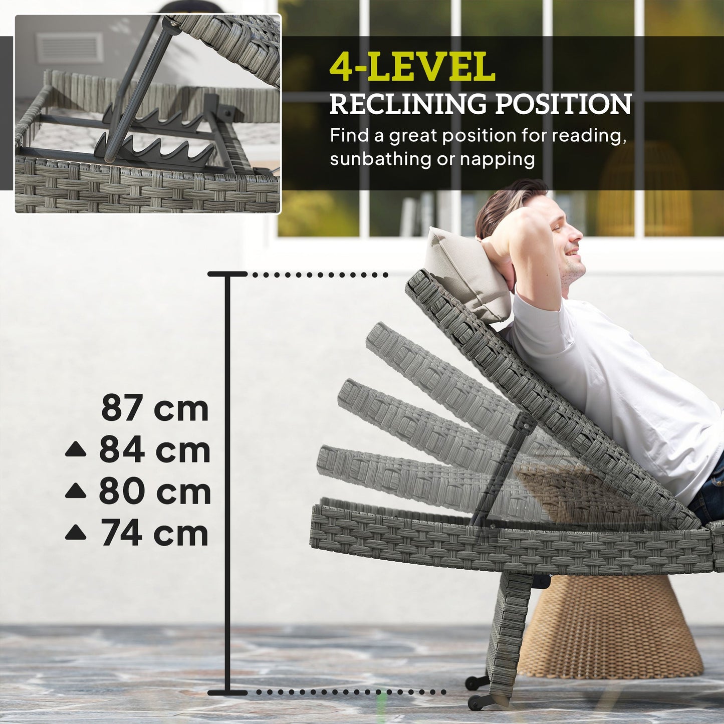 Outsunny Outdoor PE Rattan Sun Lounger, Folding Wicker Garden Lounger Recliner with 4-Level Adjustable Backrest, Rolling Sunbed Lounge Chair with Wheels, Non-Slip Legs for Balcony, Beach, Mixed-grey