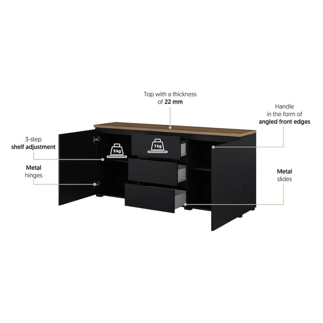 Black cabinet with labeled features on a white background