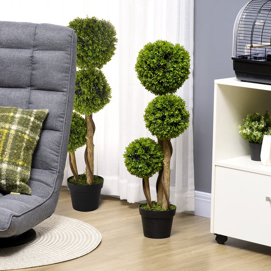 HOMCOM Set of 2 Decorative Artificial Plants, Boxwood Ball Topiary Trees in Pot Fake Plants for Home, Indoor&Outdoor Decor, 90 cm, Light Green