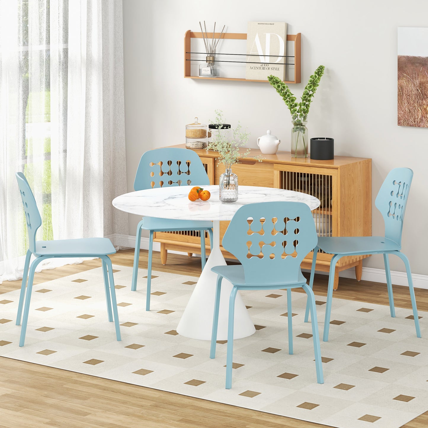 Metal Dining Chair Set of 8 with Hollowed Backrest and Metal Legs-Blue