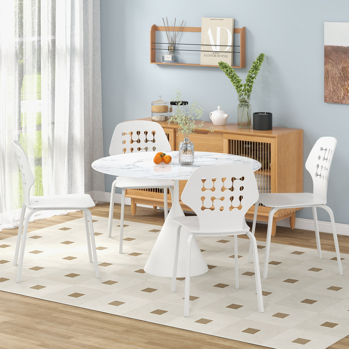 Metal Dining Chair Set of 8 with Hollowed Backrest and Metal Legs-White