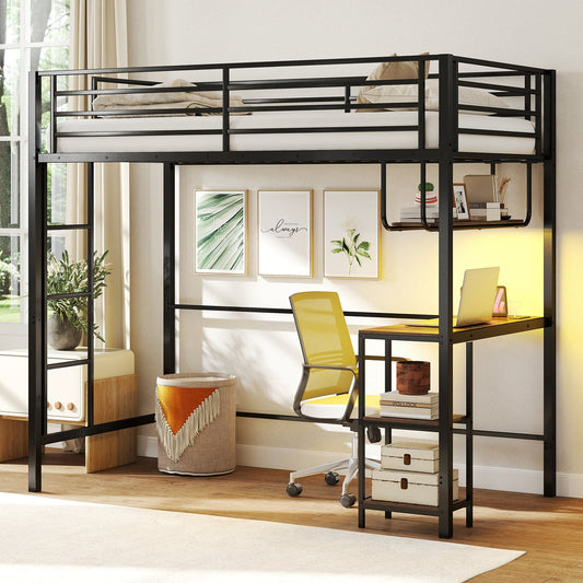 Metal Loft Bed Frame with Charging Station and Light Strip-Rustic Brown