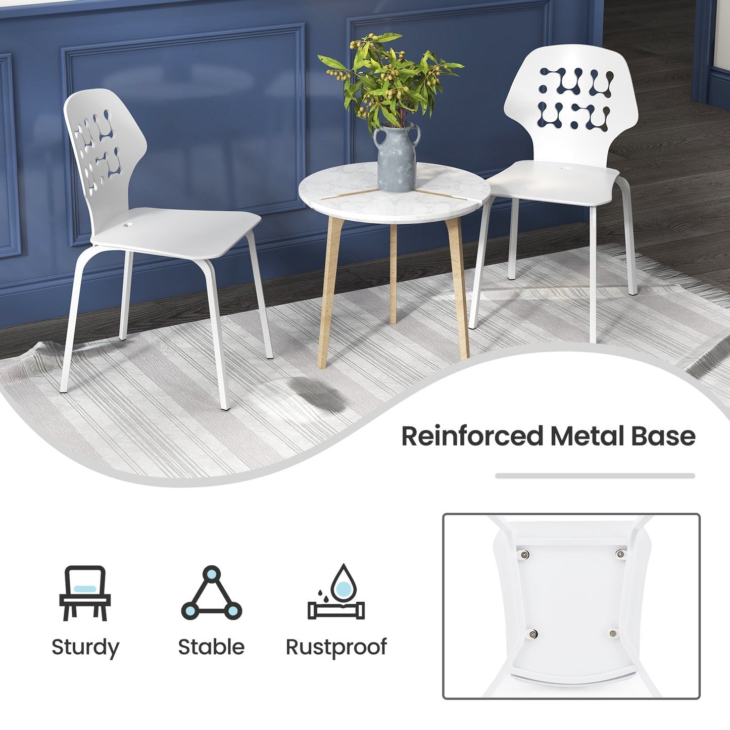 Metal Dining Chair Set of 4 with Hollowed Backrest and Metal Legs-White