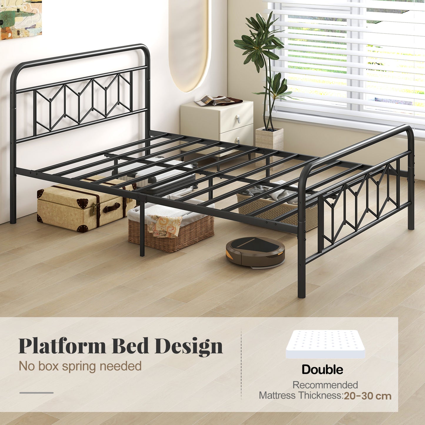 Single/Double/King Size Metal Bed Frame with High Headboard and Mute Bar-Black-Full Size