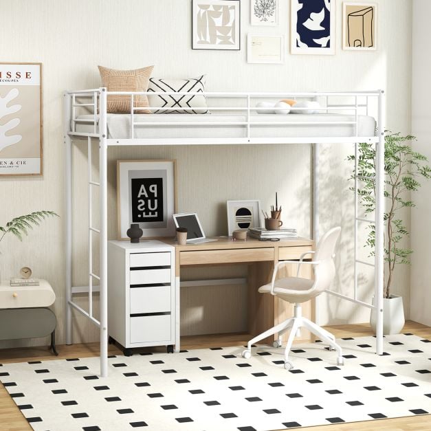Metal Space-saving Loft Bed Frame with Full-length Safety Guardrail-White