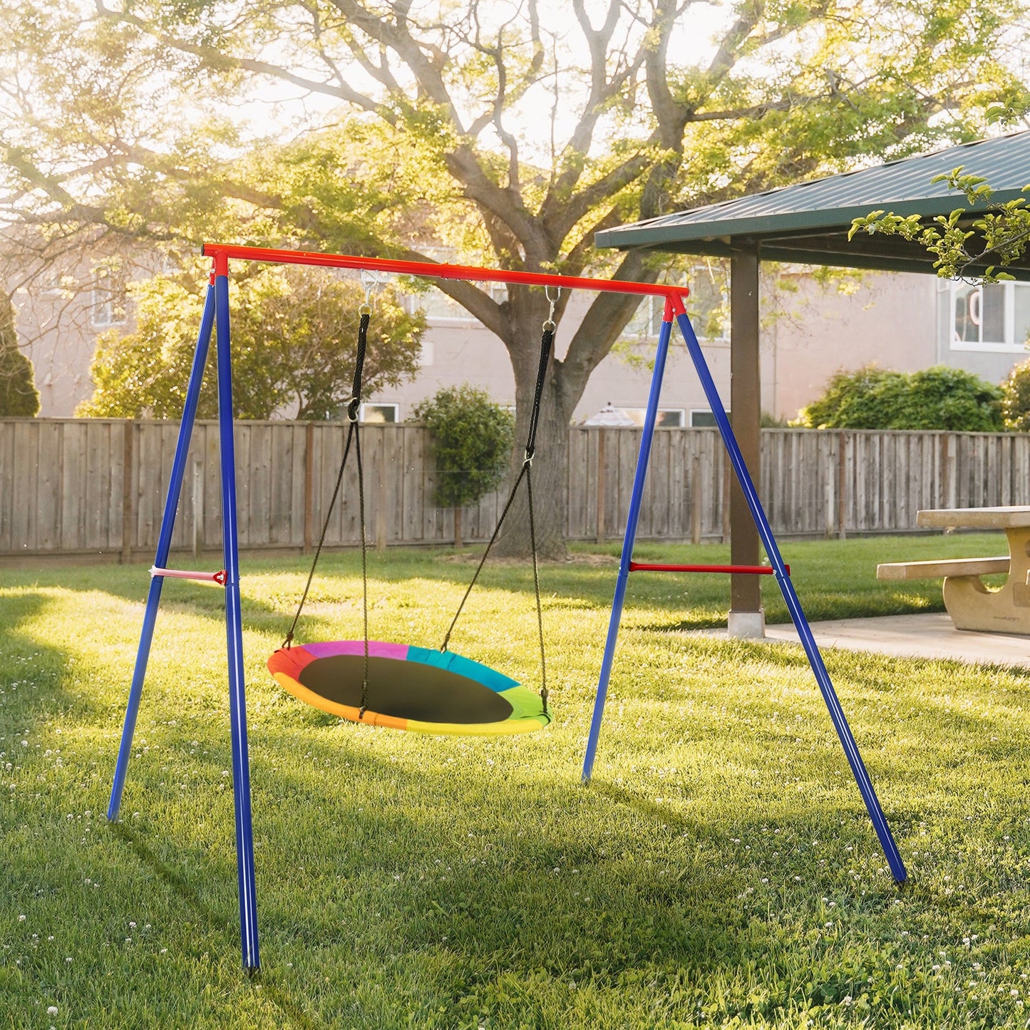 Metal Swing Frame with Ground Stakes and Carabiners-Blue & Red