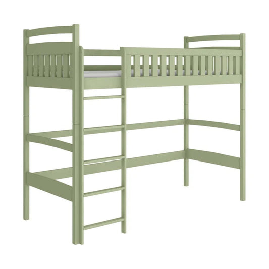 Green loft bed with ladder on a white background
