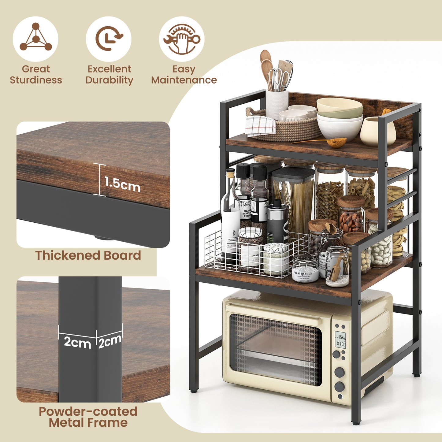 3 Tier Microwave Stand with Storage Shelves for Kitchen-Rustic Brown