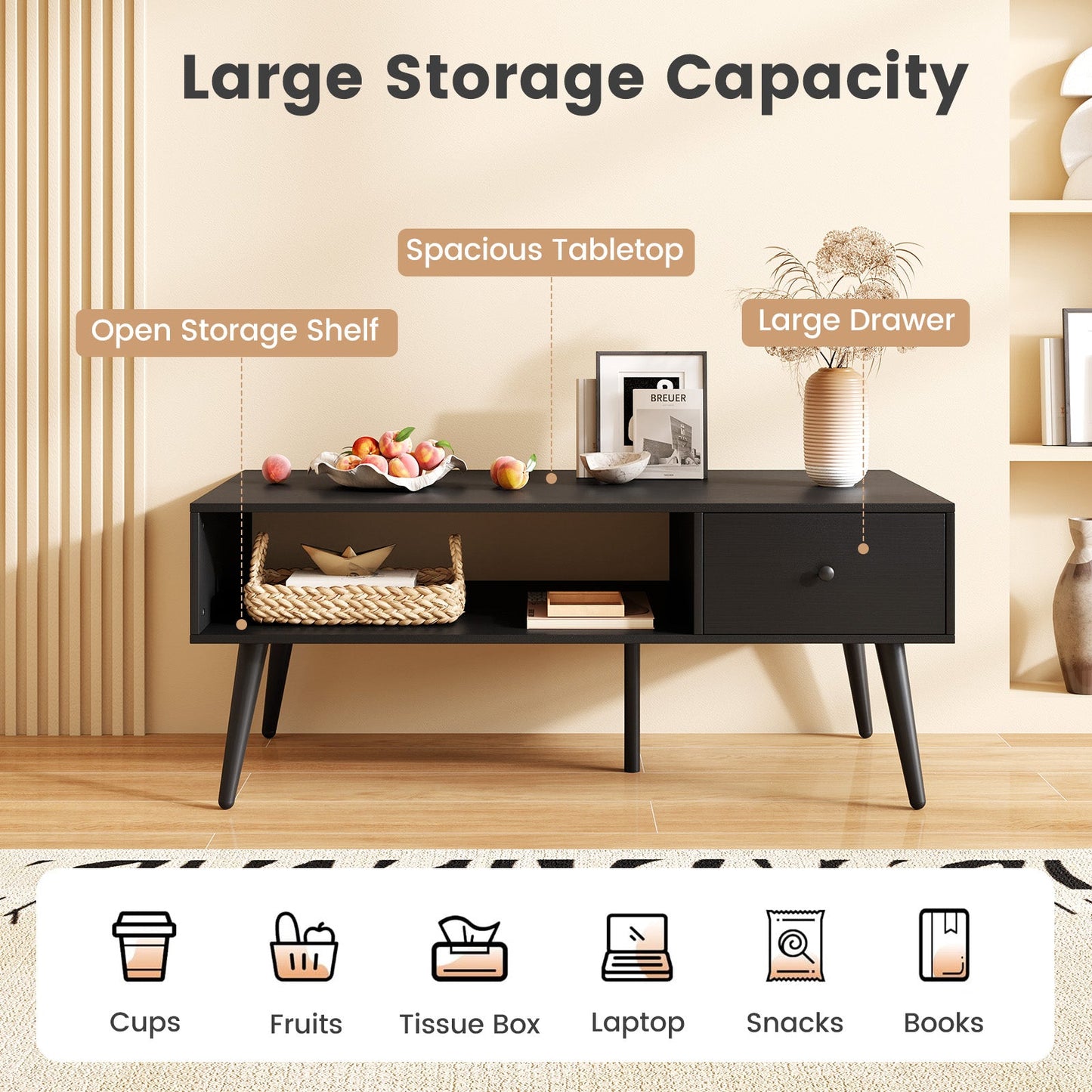 109cm Rectangular Coffee Table with Drawer and Storage Shelf-Black