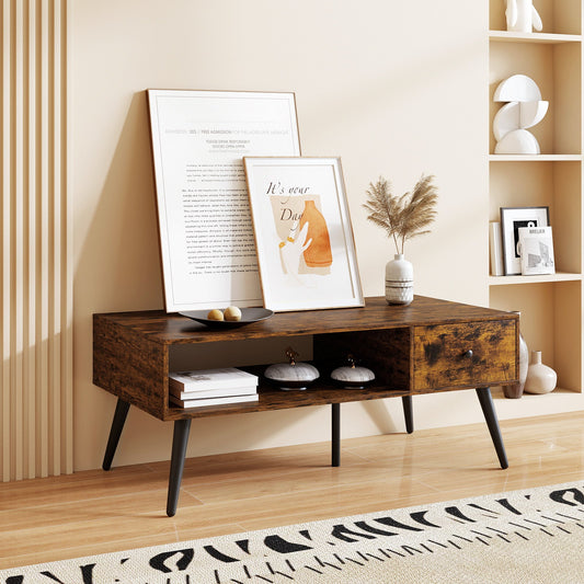 109cm Rectangular Coffee Table with Drawer and Storage Shelf-Rustic Brown