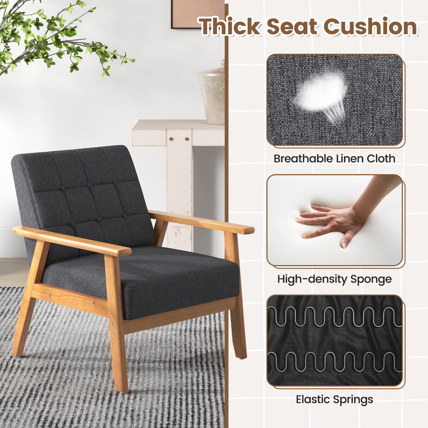 Mid-century Modern Accent Chair with Breathable Linen Cloth-Grey