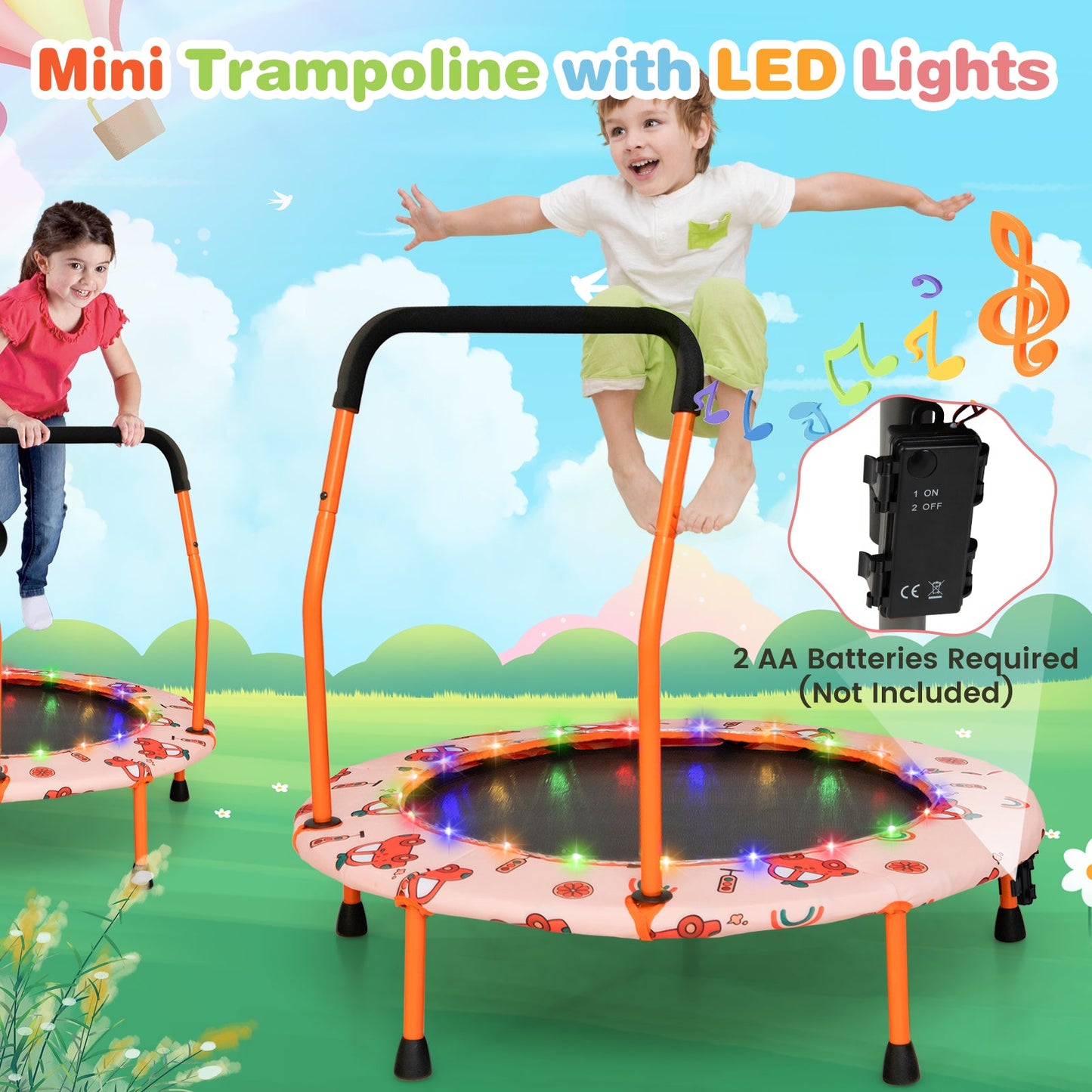 Mini Trampoline for Children with LED Lights and Safety Handle-Orange