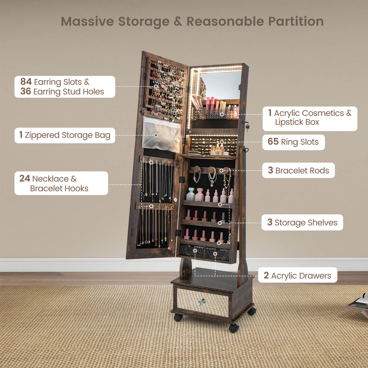 Standing Jewelry Armoire with Full-Length Mirror LED Lights and Drawers-Coffee
