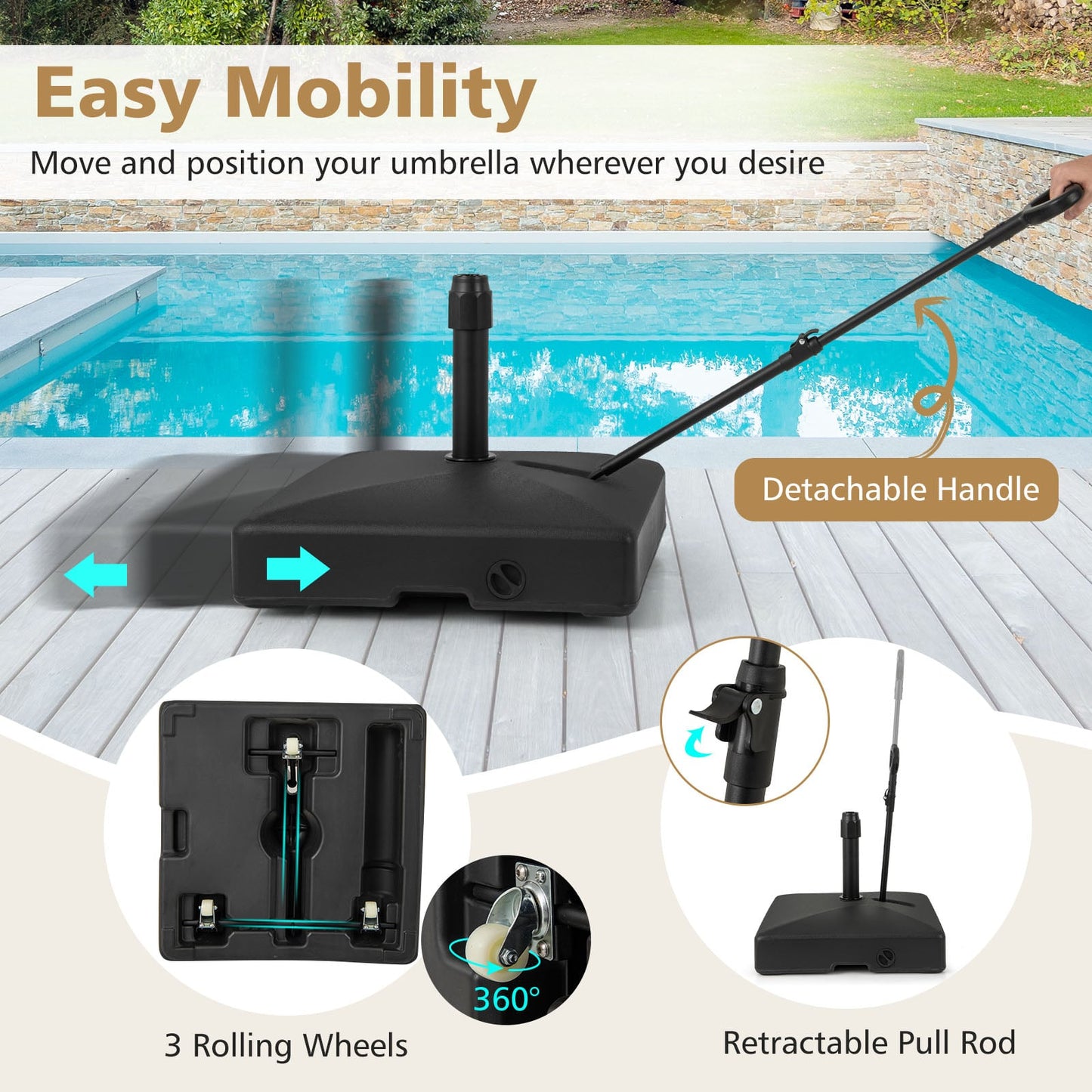 Mobile Patio Umbrella Base 59 kg Capacity Umbrella Stand with 3 Wheels-Black
