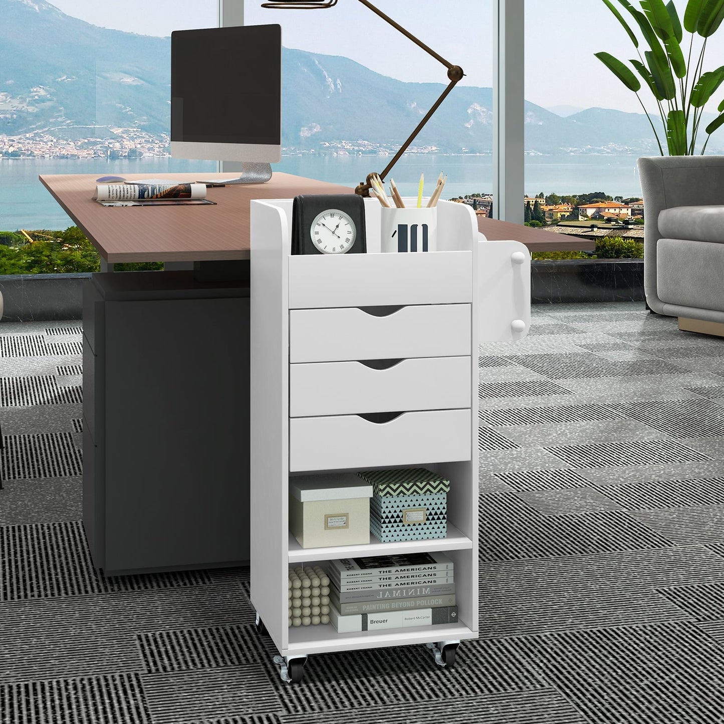 Mobile Rolling Storage Cart with 3 Drawers 2 Shelves and 2 Dowel Rods-White